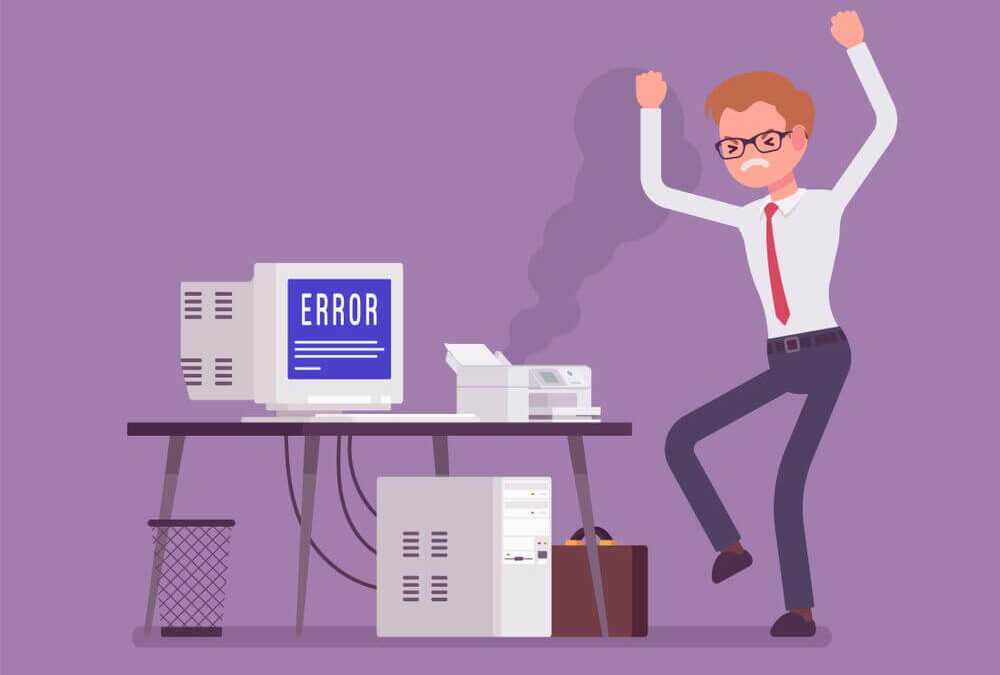 Hosting - Problemas - Imagen ilustrativa usuario enfadado con su ordenador que muestra un error