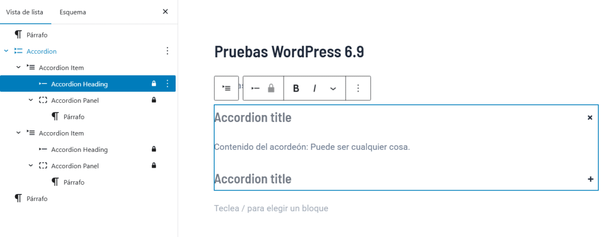 Nuevo bloque tipo acordeón en WordPress 6.9