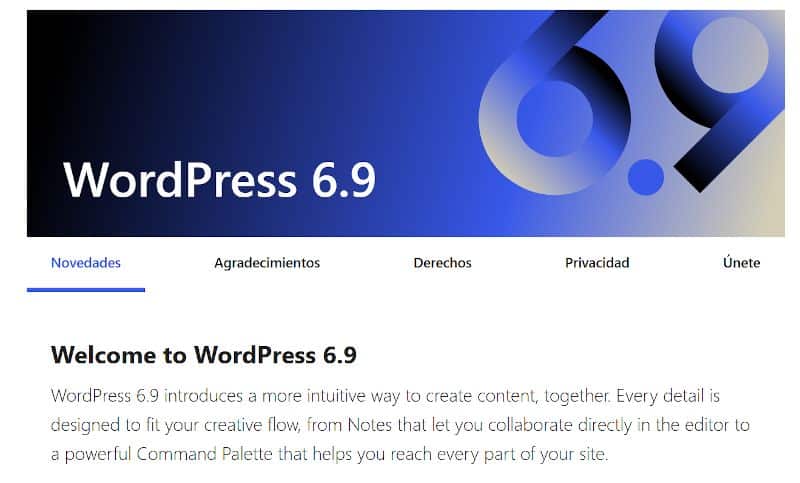 Novedades en nueva versión WordPress 6.9 de diciembre de 2025